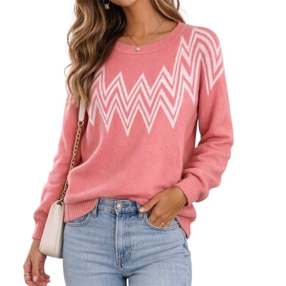 Luna Sweaters - Luna Pink Chevron Knit Sweater Zig Zag Graphic Pullover Cozy Small